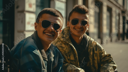 A pair of friends wearing glasses, smiling, on the street, friendship, Generative AI