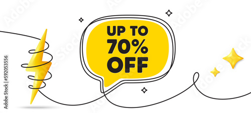 Up to 70 percent off sale. Continuous line art banner. Discount offer price sign. Special offer symbol. Save 70 percentages. Discount tag speech bubble background. Wrapped 3d energy icon. Vector