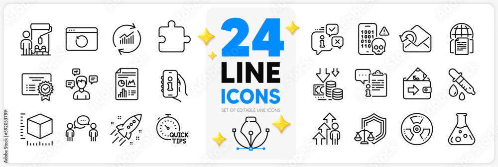 Icons set of Startup rocket, Internet documents and Chemistry lab line icons pack for app with Wallet, Chemical hazard, Chemistry pipette thin outline icon. Certificate, Cyber attack. Vector
