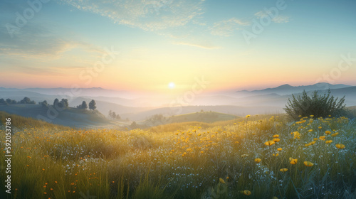 Beautiful panoramic landscape of a green hills with spring flowers - AI Generated