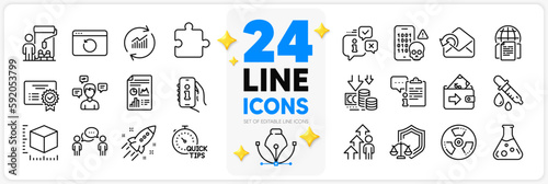 Icons set of Startup rocket, Internet documents and Chemistry lab line icons pack for app with Wallet, Chemical hazard, Chemistry pipette thin outline icon. Certificate, Cyber attack. Vector