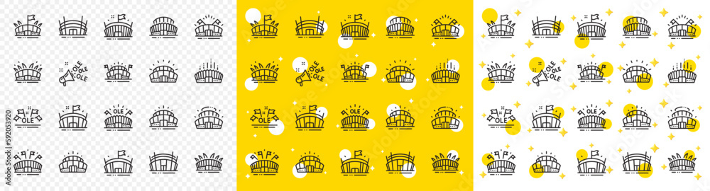 Ole chant, arena football, championship architecture. Sports stadium line icons. Arena stadium, sports competition, event flag icons. Sport complex, megaphone or loudspeaker. Vector