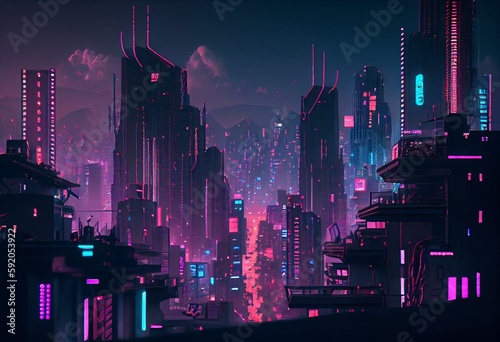 Cyberpunk City Skyline with Purple and Cyan Neon lights. Night scene with Futuristic Skyscrapers. Generative AI