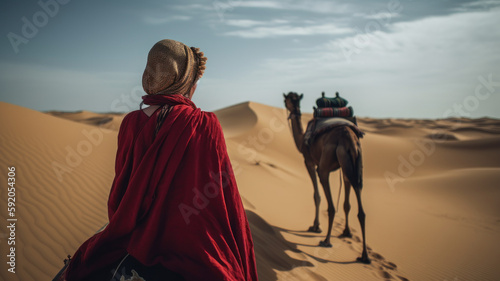 Woman riding camel, deserts, arabia, red dress, Generative ai