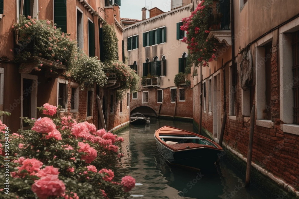 a boat passing through venice houses pink flowers around cinematic Generative AI