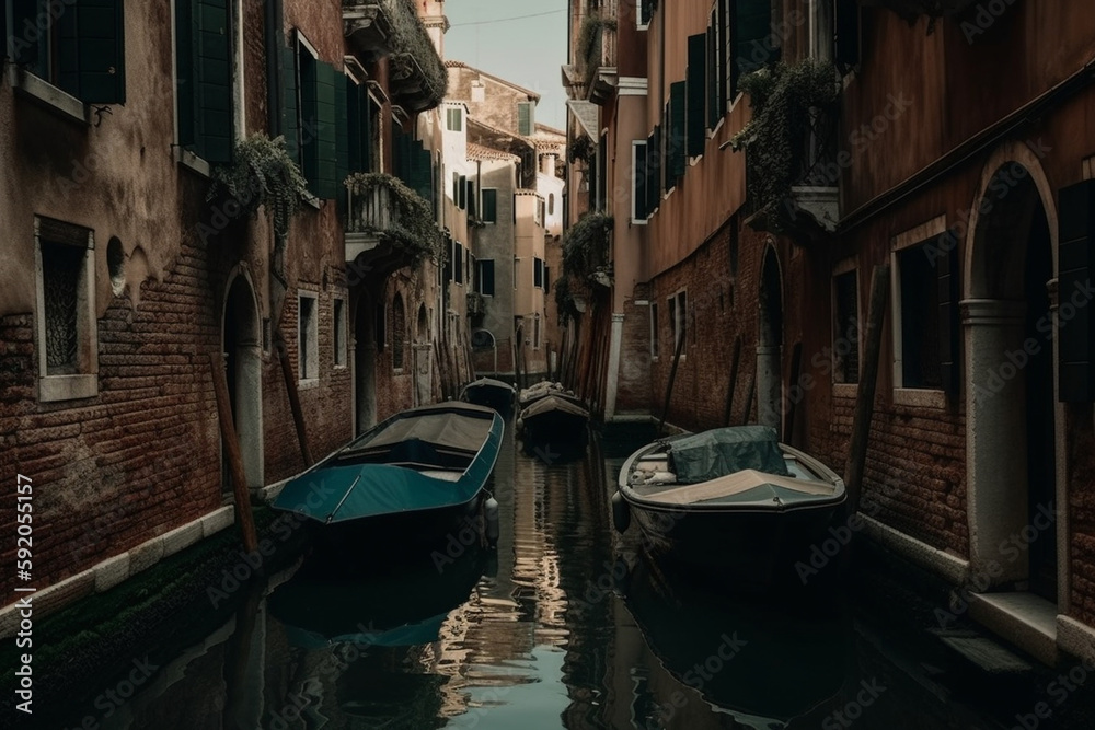 a boat passing between houses in venice cinematic Generative AI