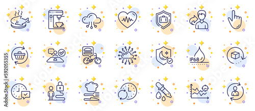 Outline set of Share, Refresh cart and Fish dish line icons for web app. Include Select alarm, Lock, Food pictogram icons. Food delivery, Cloud computing, Job interview signs. Vector