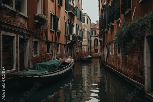 a boat passing between houses in venice cinematic Generative AI