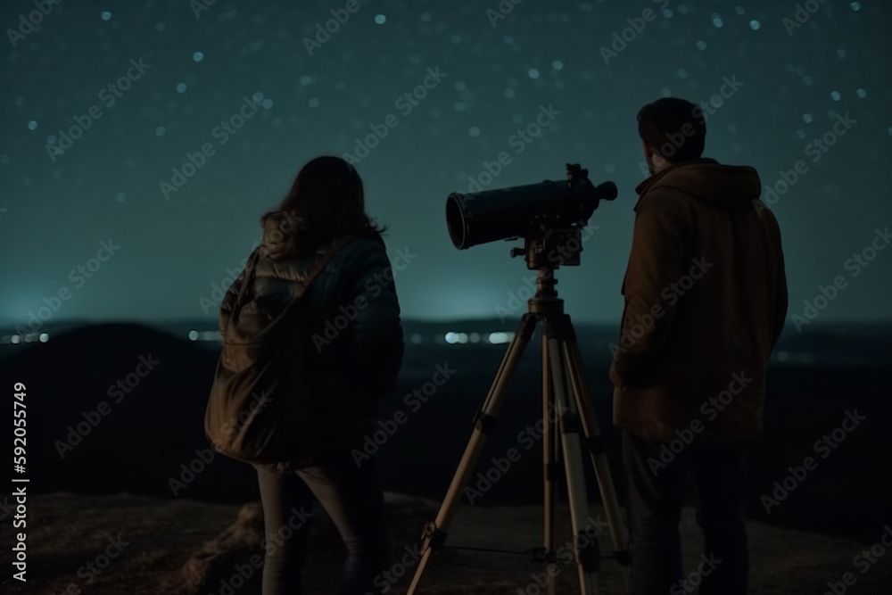 couple looking into space from earth with telescope at night time cinematic Generative AI