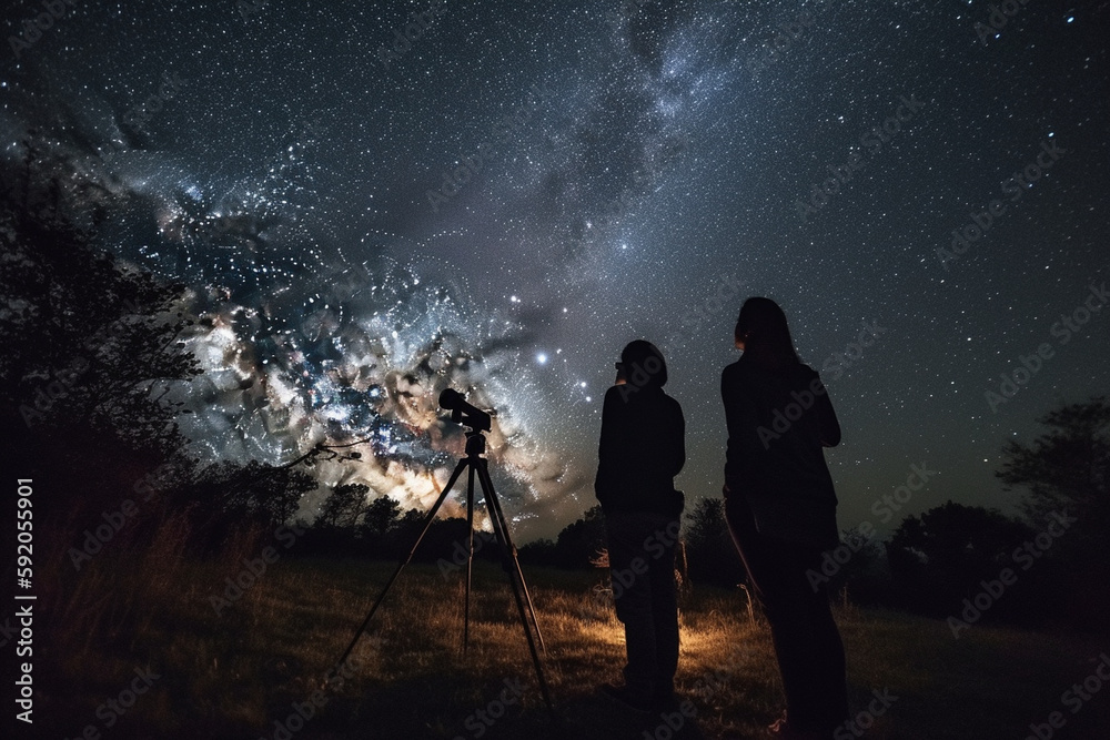 couple looking into space from earth with telescope at night time Generative AI