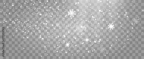 Vector illustration of flying snow on a transparent background.Natural phenomenon of snowfall or blizzard.