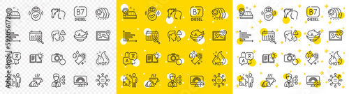 Outline Product knowledge, Mattress guarantee and Medical calendar line icons pack for web with Strategy, Cough, Photo location line icon. Electronic thermometer, Translate. Vector
