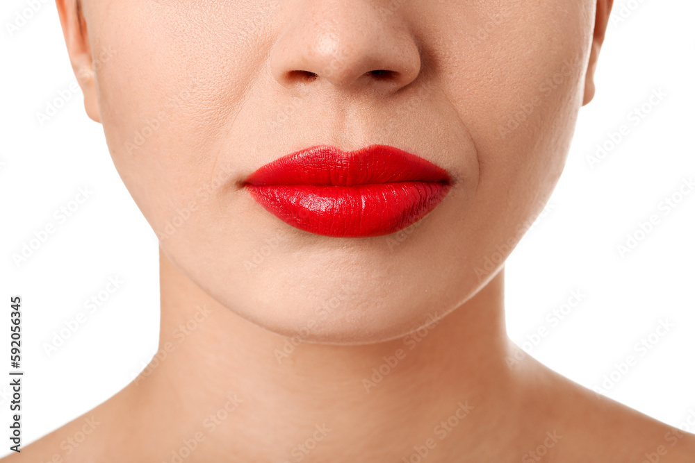 Woman with red lips on white background, closeup Woman with red lips on white background, closeup