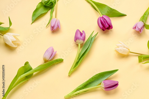 Fototapeta Naklejka Na Ścianę i Meble -  Beautiful tulips on yellow background