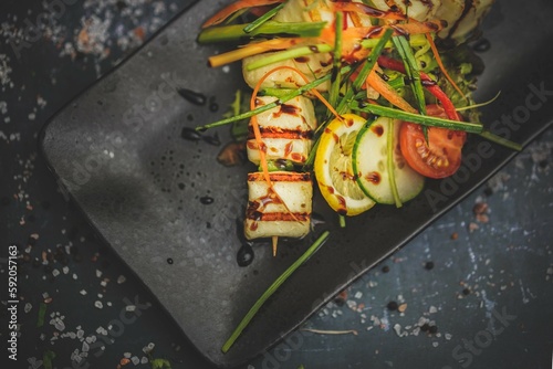 Top View of Vegetable Shish: Grilled Veggie Skewers, Colorful Variety, Healthy Meal, Mediterranean Delight, Flavorful Dish, Tasty Charred Goodness, Nutritious Food