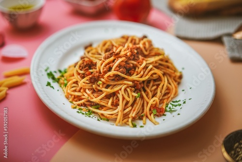 Top View of Spaghetti Bolognese: Classic Italian Dish, Rich Meaty Sauce, Perfectly Cooked Pasta, Comfort Food, Delicious Meal, Tasty Culinary Experience, Appetizing Presentation