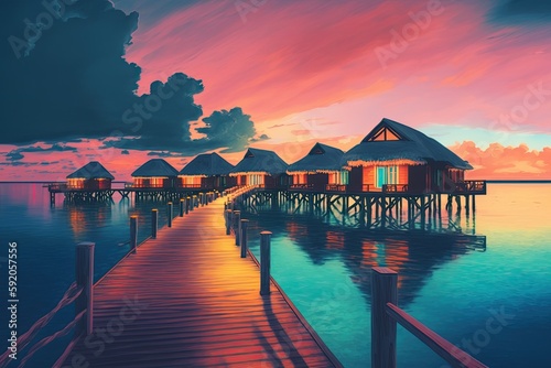 picturesque pier leading to a luxurious beach resort. Generative AI
