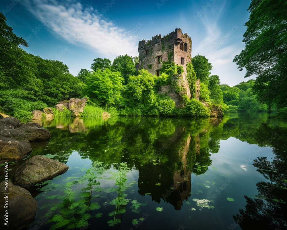 Hidden and abandoned overgrown castle on a lakeside, blue sky with green forest around - Generative AI