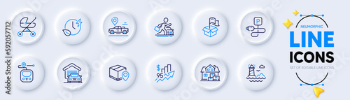 Car rental, Charging time and Car place line icons for web app. Pack of Delivery location, Home moving, Metro pictogram icons. Charging parking, Garage, Baby carriage signs. Rise price. Vector