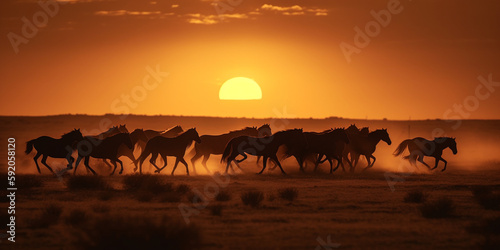 Herd of horses running in a dusty field at sunset  golden hour western- Generative AI