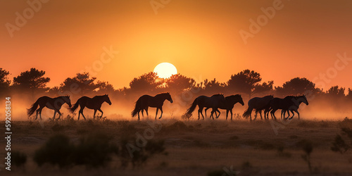 Herd of horses running in a dusty field at sunset  golden hour western- Generative AI