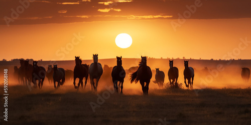 Herd of horses running in a dusty field at sunset, golden hour western- Generative AI © Luca