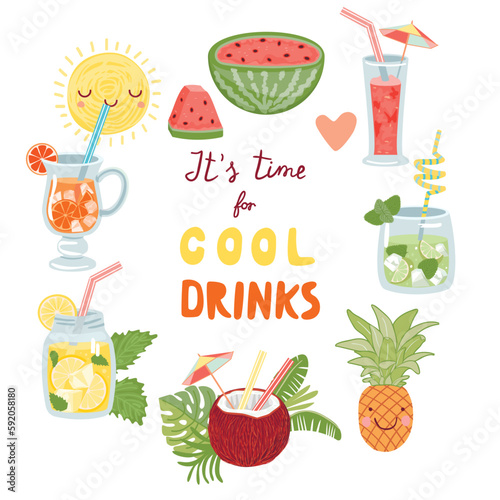 It's time for cold drinks poster with summer beverages set.Lemonade, watermelon fresh, orange juice, lime mint mojito, coconut cocktail, pineapple and Vector flat cartoon illustration on white. 