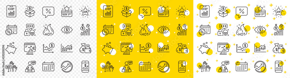 Φωτογραφία Outline Loyalty card, Piggy bank and Post package line icons pack for web with Financial diagram, Vip shopping, Cyber attack line icon