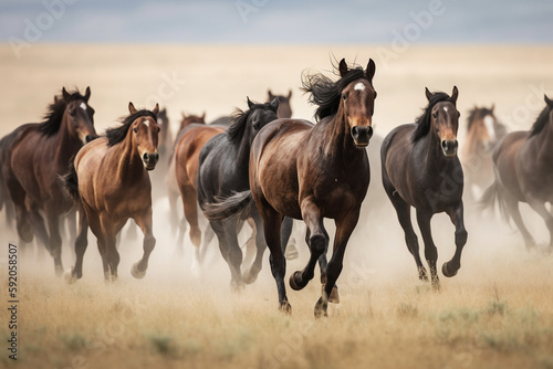 Horses running in a dusty field on a sunny day  looking majestic - Generative AI