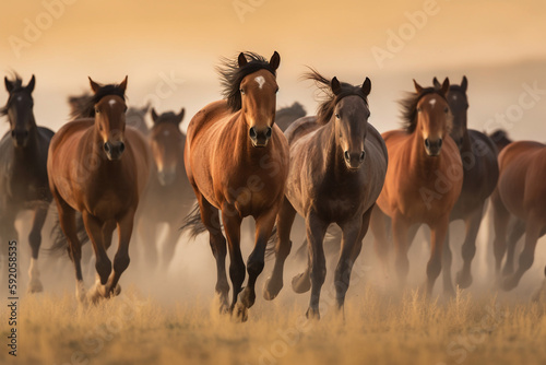 Horses running in a dusty field on a sunny day, looking majestic - Generative AI