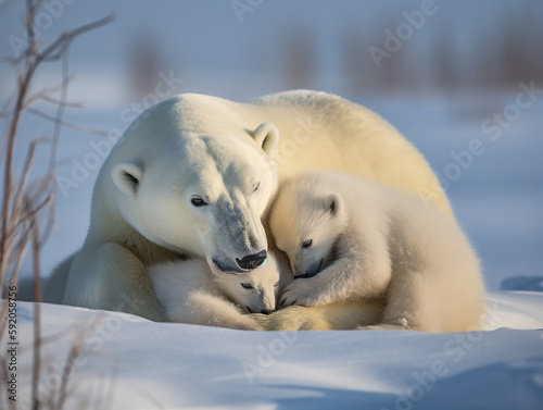 Polar bear family, polar bear mother cuddling with her cubs - Generative AI