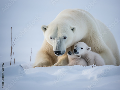 Polar bear family, polar bear mother cuddling with her cubs - Generative AI