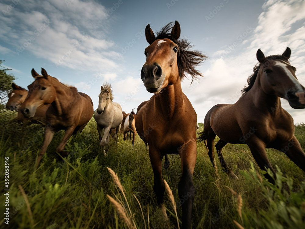 Fototapeta premium Dynamic photo of a herd of horses running in a field of tall green grass - Generative AI