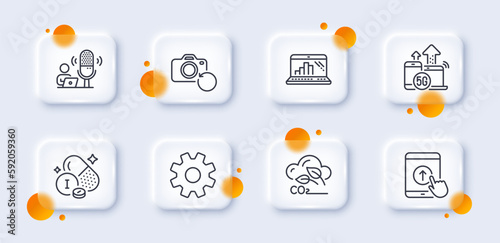 Iodine mineral, Recovery photo and Graph laptop line icons pack. 3d glass buttons with blurred circles. 5g internet, Service, Co2 gas web icon. Podcast, Swipe up pictogram. Vector