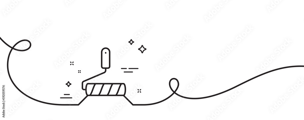 Paint roller line icon. Continuous one line with curl. Wall roll brush sign. Painter tool symbol. Paint roller single outline ribbon. Loop curve pattern. Vector