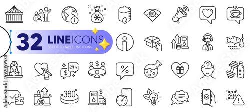 Outline set of Carousels, Drop counter and Heart line icons for web with Approved app, Psychology, Fishing thin icon. Telemedicine, Internet, Text message pictogram icon. Qr code. Vector