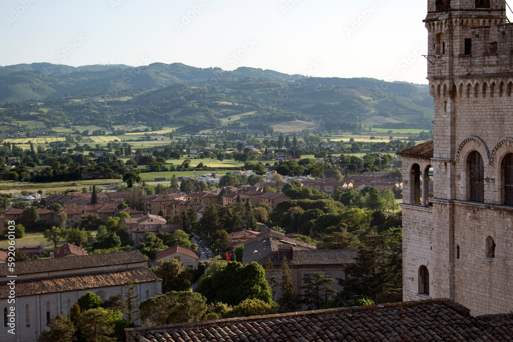 Italian countryside panorama from the medieval town of Gubbio in Perugia, Umbria