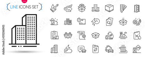 Pack of Open door, Palette and Lighthouse line icons. Include Canister, Builders union, Technical documentation pictogram icons. Radiator, University campus, Delivery box signs. Vector