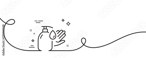 Wash hands line icon. Continuous one line with curl. Covid hygiene sign. Washing liquid symbol. Wash hands single outline ribbon. Loop curve pattern. Vector