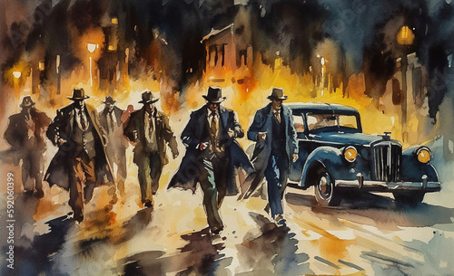 mafias with guns running to the car in the night time watercolour Generative AI photo