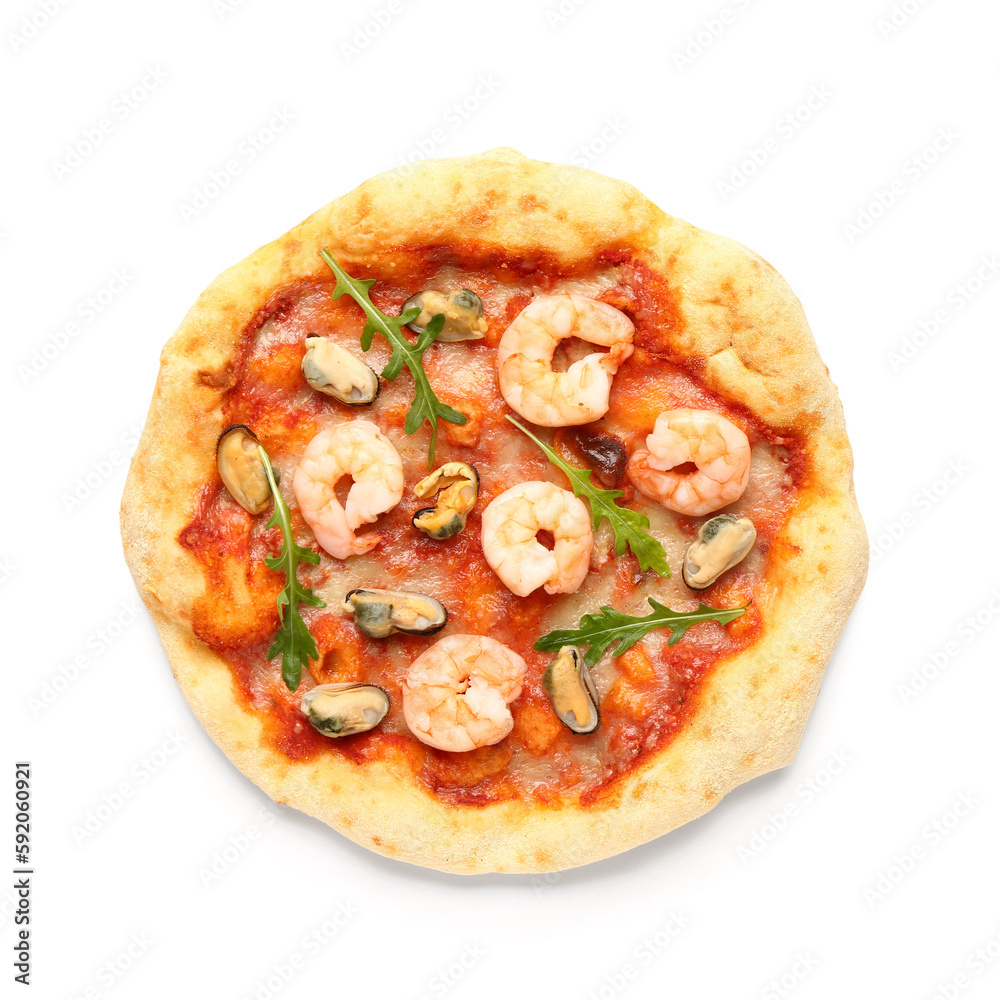 Tasty seafood pizza isolated on white background Tasty seafood pizza isolated on white background