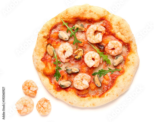 Tasty seafood pizza and shrimps isolated on white background