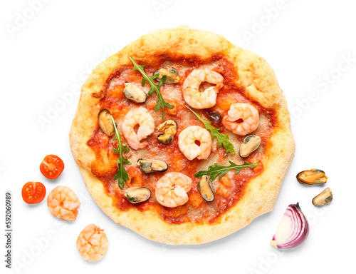 Tasty seafood pizza and ingredients isolated on white background