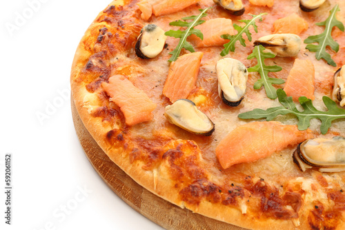 Wooden board with tasty seafood pizza isolated on white background, closeup