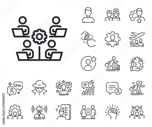 Remote office sign. Specialist, doctor and job competition outline icons. Teamwork line icon. Networking team employees symbol. Teamwork line sign. Avatar placeholder, spy headshot icon. Vector