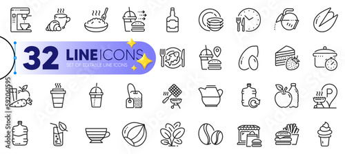 Outline set of Coffee maker, Food time and Food delivery line icons for web with Ice cream, Grill basket, Coffee break thin icon. Cake, Takeaway, Whiskey bottle pictogram icon. Vector