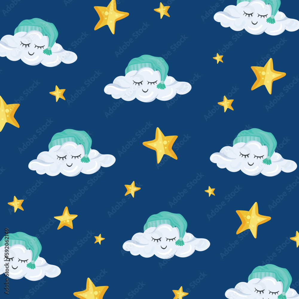 Pattern with cute clouds and stars in cartoon style on the light background Pattern with cute clouds and stars in cartoon style on the light background