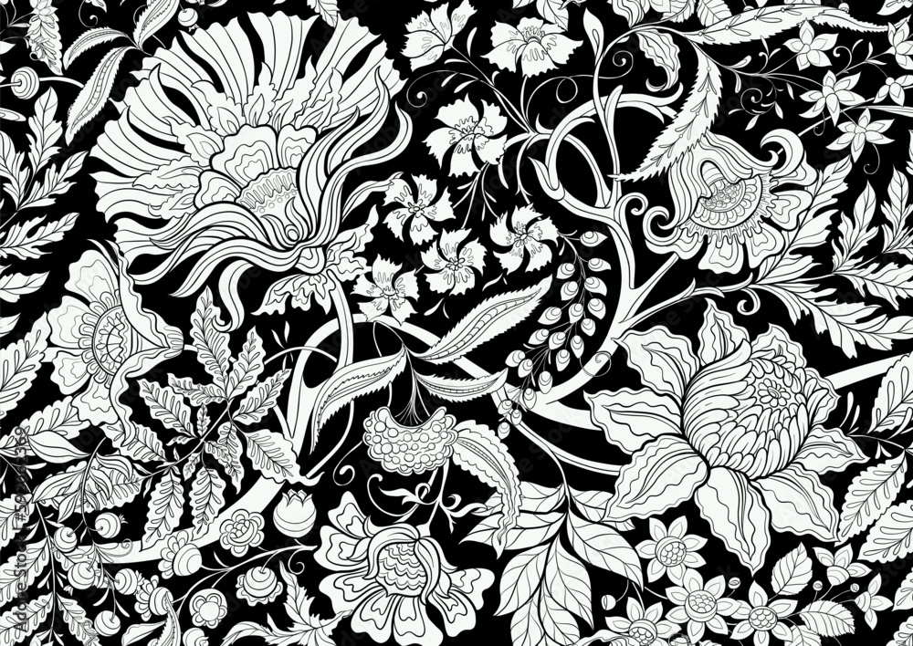 Fantasy flowers in retro, vintage, jacobean embroidery style. Seamless pattern, background. Vector illustration.