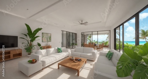 Luxury Living Room in a Tropical Villa in Cancun, Mexico generative ai