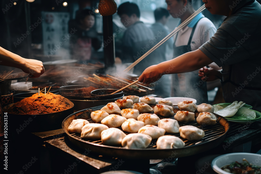 Chinese street food scene, featuring popular snacks like scallion pancakes, steamed baozi, skewers of grilled meat in vibrant, urban setting. Generative AI - obrazy, fototapety, plakaty 